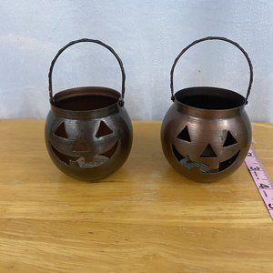 TWO Metal Halloween Pumpkins Hosley Tealight Holder